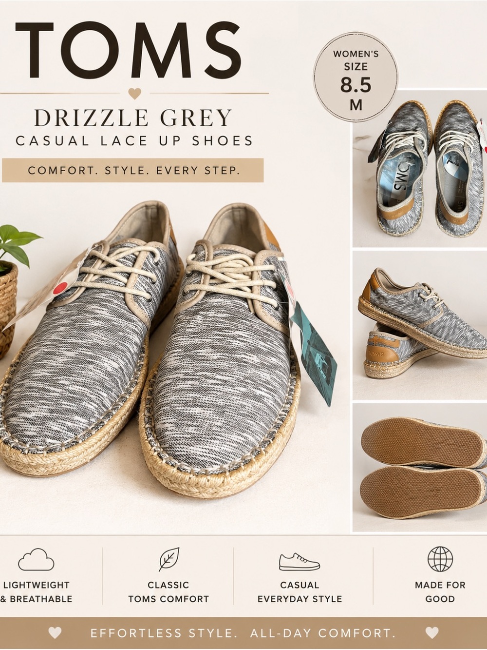 TOMS Drizzle Grey Lace-Up Men Sneakers with Tan Accents